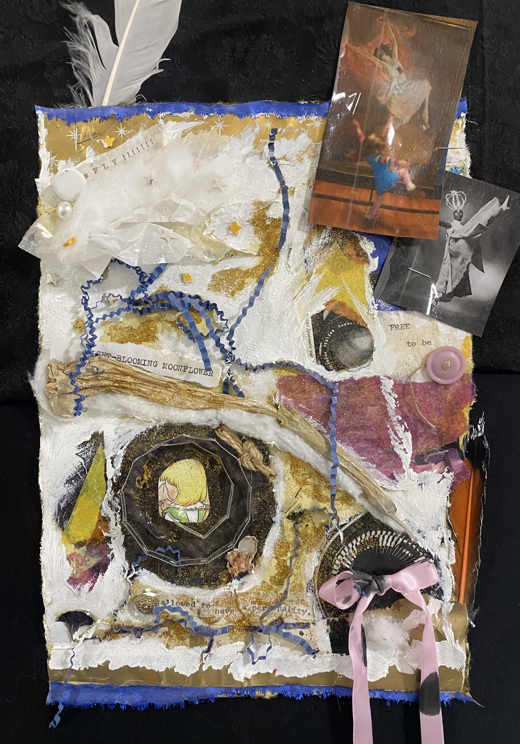 Collage piece: Heila Rogers, 2025. Dried flowers, typed text "night blooming moonflower," purple pansy, thick white oil paint, pastel torn drawing from picture book of back of little girl's blond head at bottom left encircled by sharp metal from wax paper roll, knotted piece of brown, rough string. Upper right: black and white photo of black dancer Judith Jamison with leg kicked high and arms outstretched wearing flowing fabric, color photo of little girl dancing freely with arms and legs flung out in a similar position in front of a museum painting of a dancer, glitter gold and white tiny stars (cake decor) throughout, white feather at top, black ink stained light pink satin ribbon bow at bottom, yellow, dark pink and orange tissue paper throughout; b & w magazine close up of shaving surface of men's electric shaver, round gold decorative button, round light pink plastic button with old thread, white pearl button, white round flat button, thin strips of royal blue shredded fabric at top and bottom, b & w magazine close up of camera lens